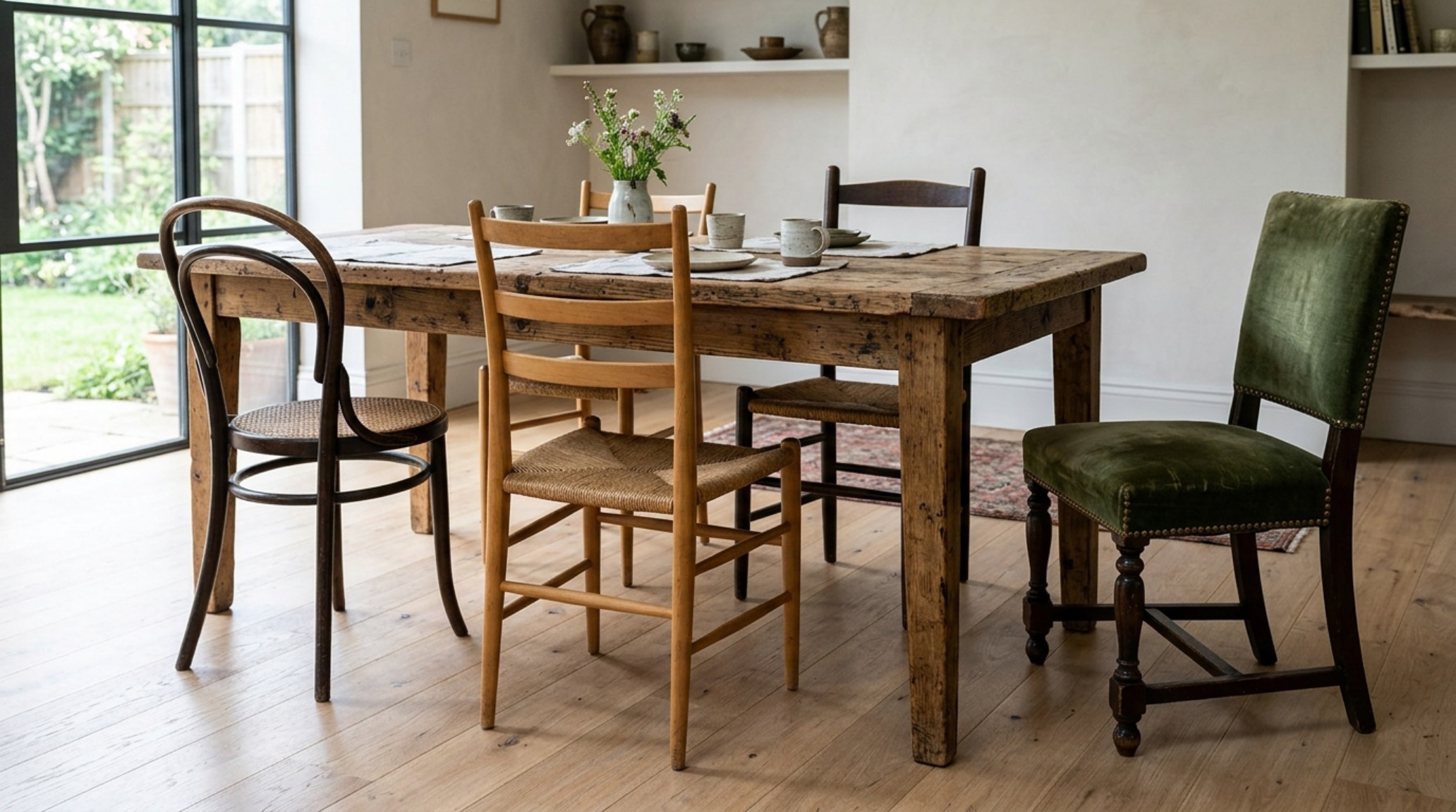 Architectural detail of mismatched mid-century chairs around a rustic pine dining table, highlighting 30-inch clearance and tactile wood grain textures. Architectural detail of mismatched mid-century chairs around a rustic pine dining table, highlighting 30-inch clearance and tactile wood grain textures.