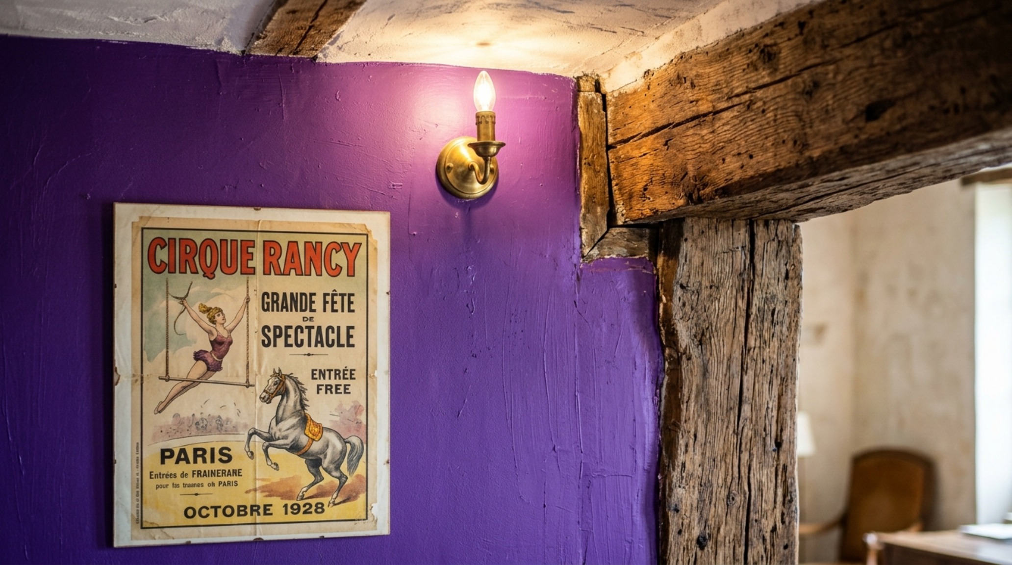 Close-up of an eclectic gallery wall on a textured purple surface, featuring vintage posters and antique brass light fixtures with soft directional shadows. Close-up of an eclectic gallery wall on a textured purple surface, featuring vintage posters and antique brass light fixtures with soft directional shadows.