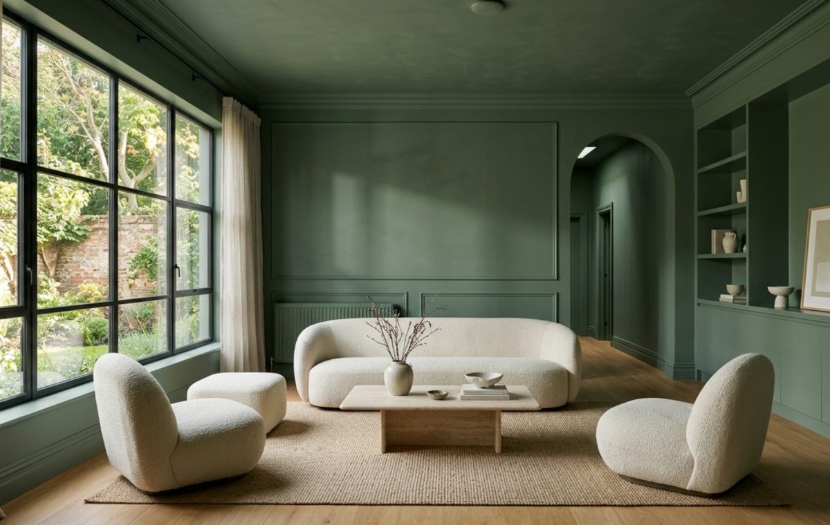 A sophisticated living room showcasing color drenching techniques with Green 0908 paint on walls and ceiling, featuring a cream bouclé sofa and 3000K designer lighting.