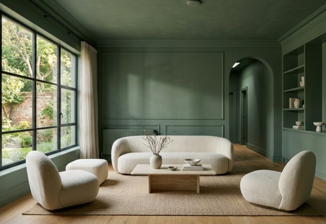 A sophisticated living room showcasing color drenching techniques with Green 0908 paint on walls and ceiling, featuring a cream bouclé sofa and 3000K designer lighting.