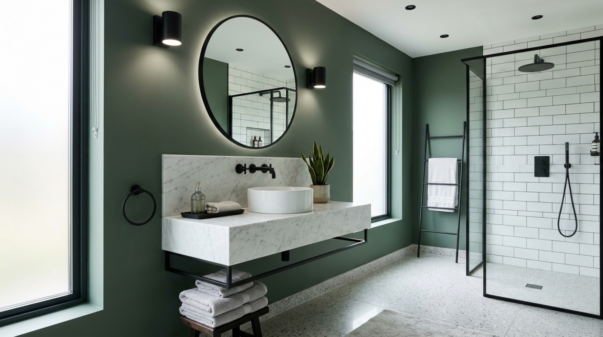 Editorial shot of a bathroom vanity with Green 0908 moisture-resistant paint, paired with a marble sink and minimalist architectural lighting.