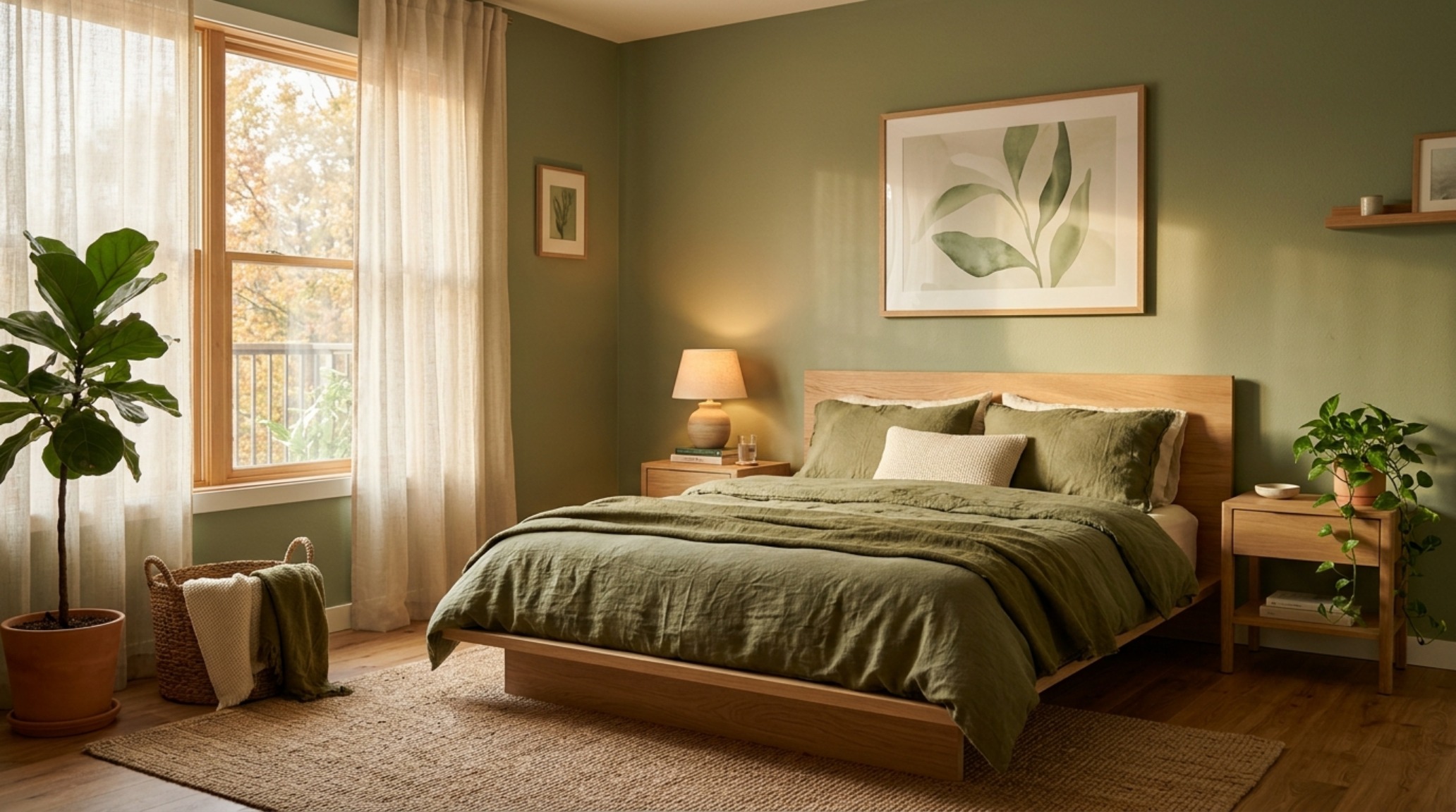 An organic modern bedroom featuring cozy paint color greens 0908, styled with layered linen bedding in olive and stone tones and a fluted oak headboard.