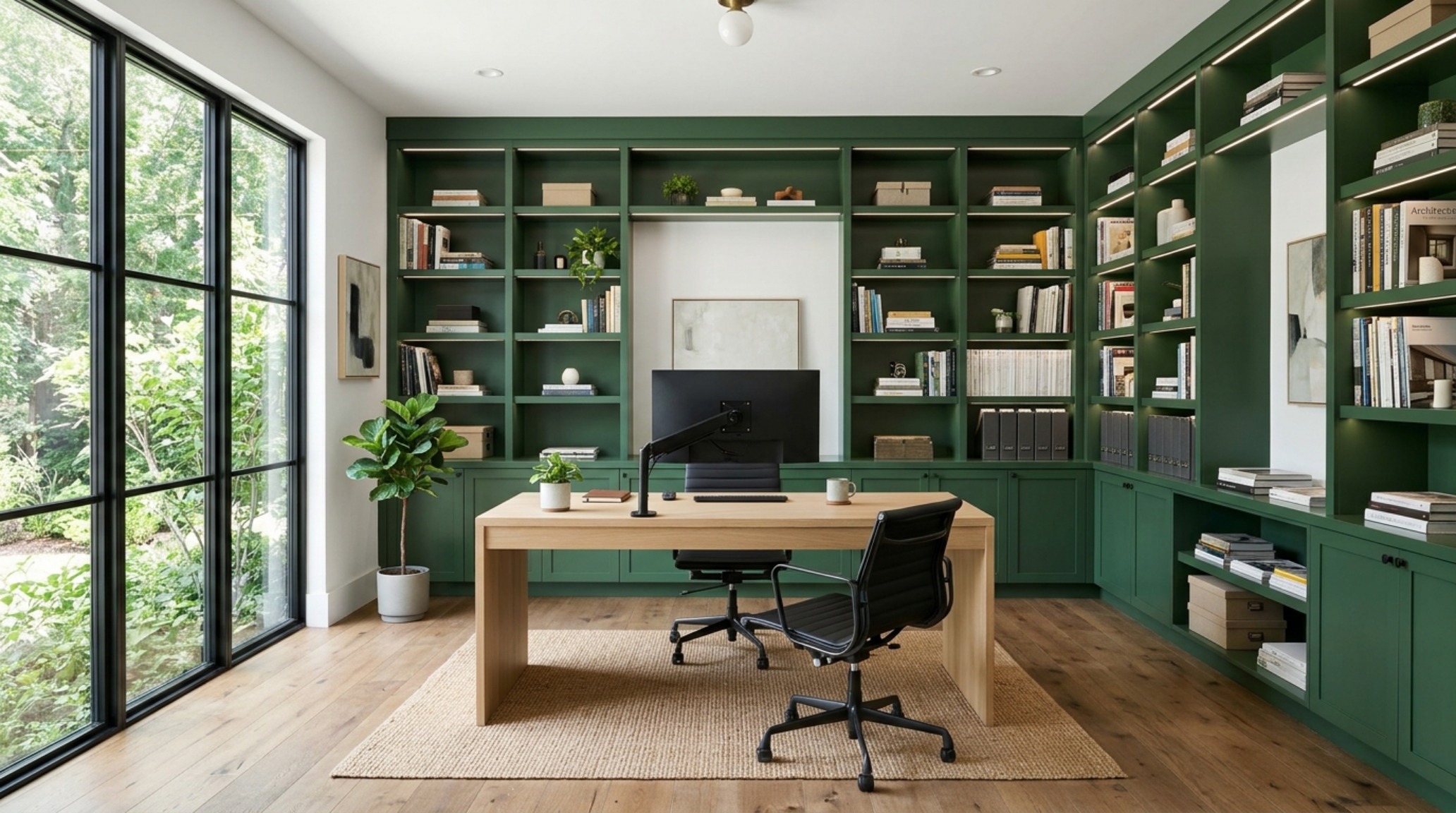 Minimalist home office with Greens 0908 painted built-in bookshelves and desk, showing 36-inch architectural clearance for a spacious flow.