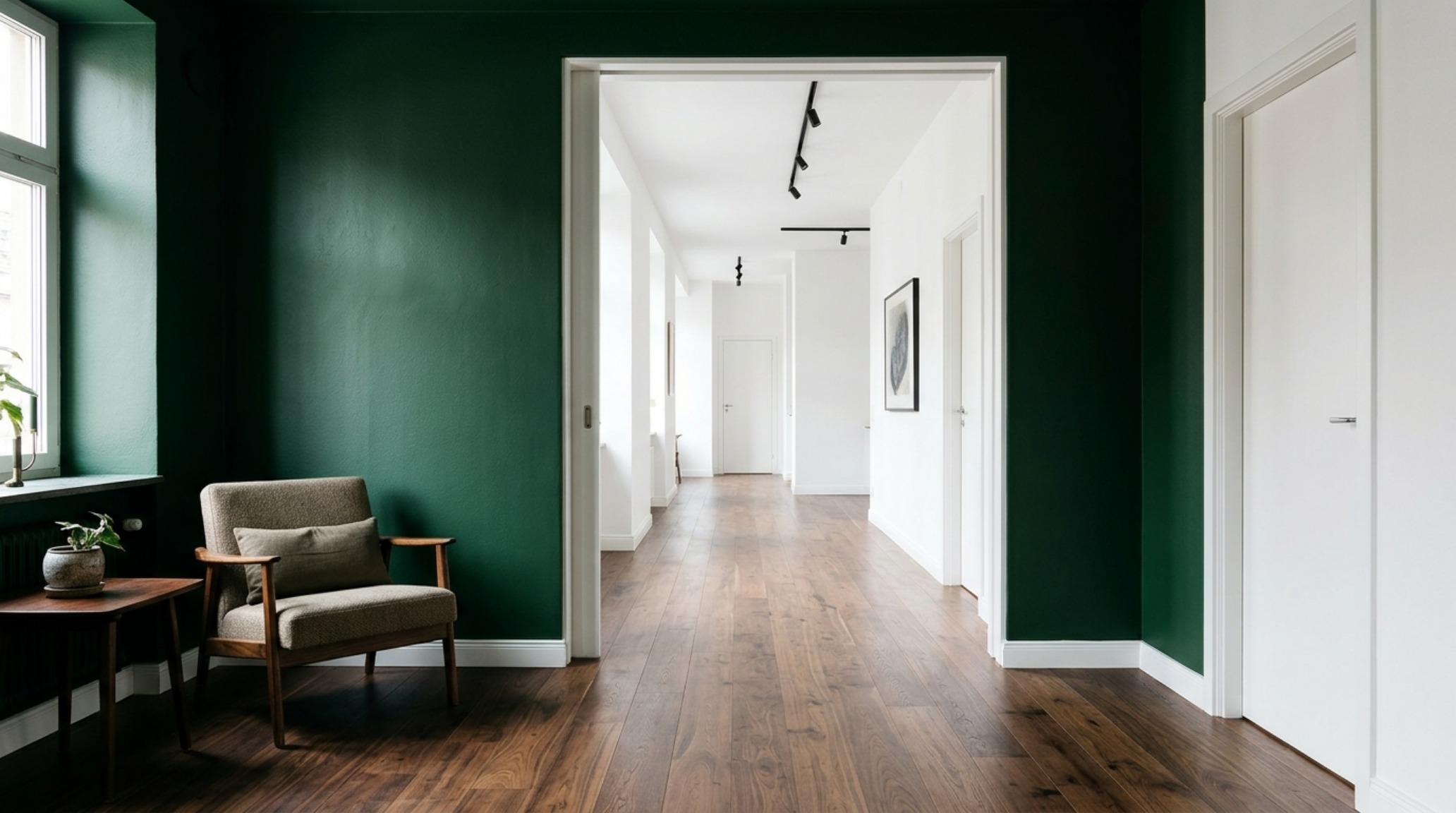 Architectural view of a hallway using color drenching to create spatial continuity between a Green 0908 dining area and a neutral transition zone.