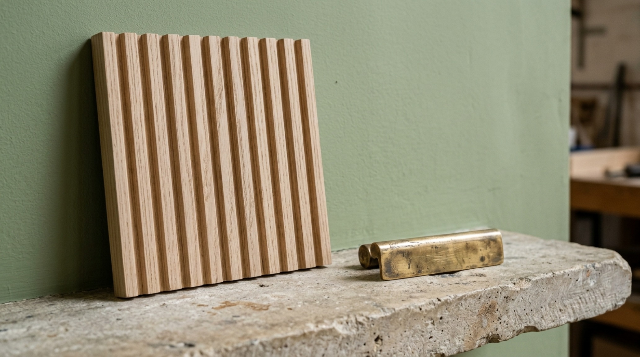 Close-up of tactile materials including fluted white oak and brass accents set against a velvet-finish wall in Green 0908.