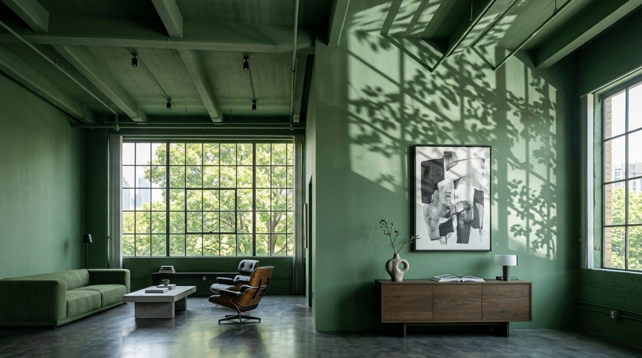 Modern organic living space with tall ceilings painted in Greens 0908, featuring large windows that cast biophilic shadows across the monochromatic surfaces.