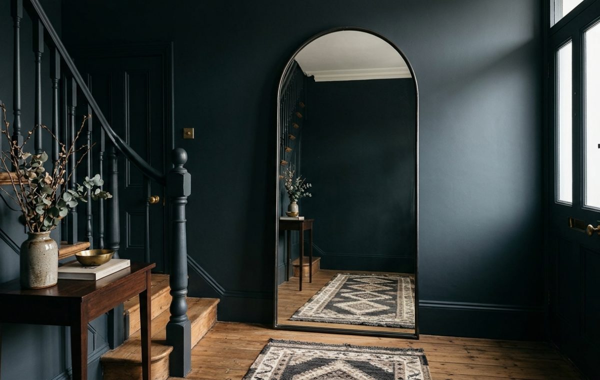 A stunning narrow foyer featuring deep blue-black Farrow and Ball Railings walls and a large arched mirror to illustrate narrow entryway ideas.