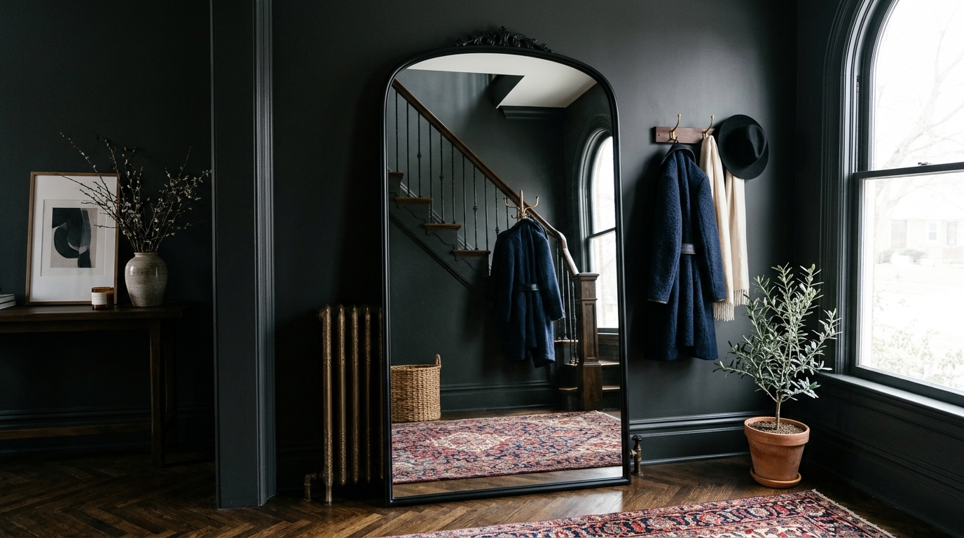 Sophisticated narrow foyer styling with a vintage runner and a large arched floor mirror leaning against a dark wall.