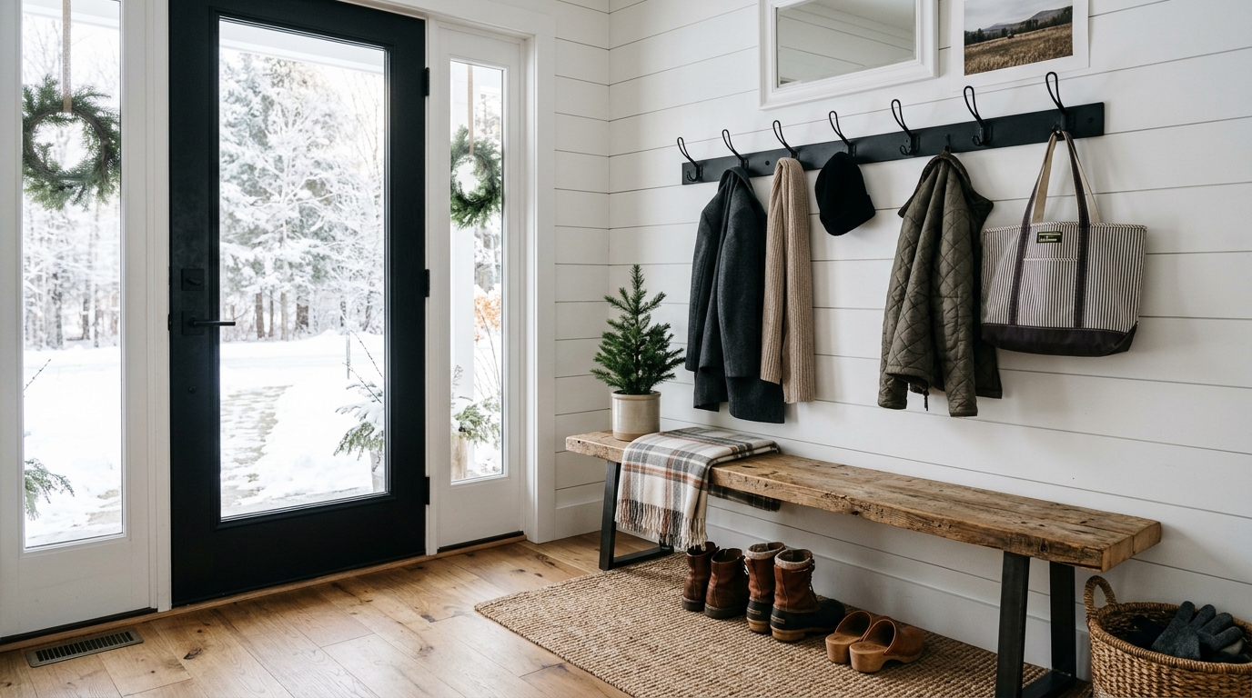 Seasonal home styling: A modern farmhouse entryway with a reclaimed wood bench and simple brass coat hooks.