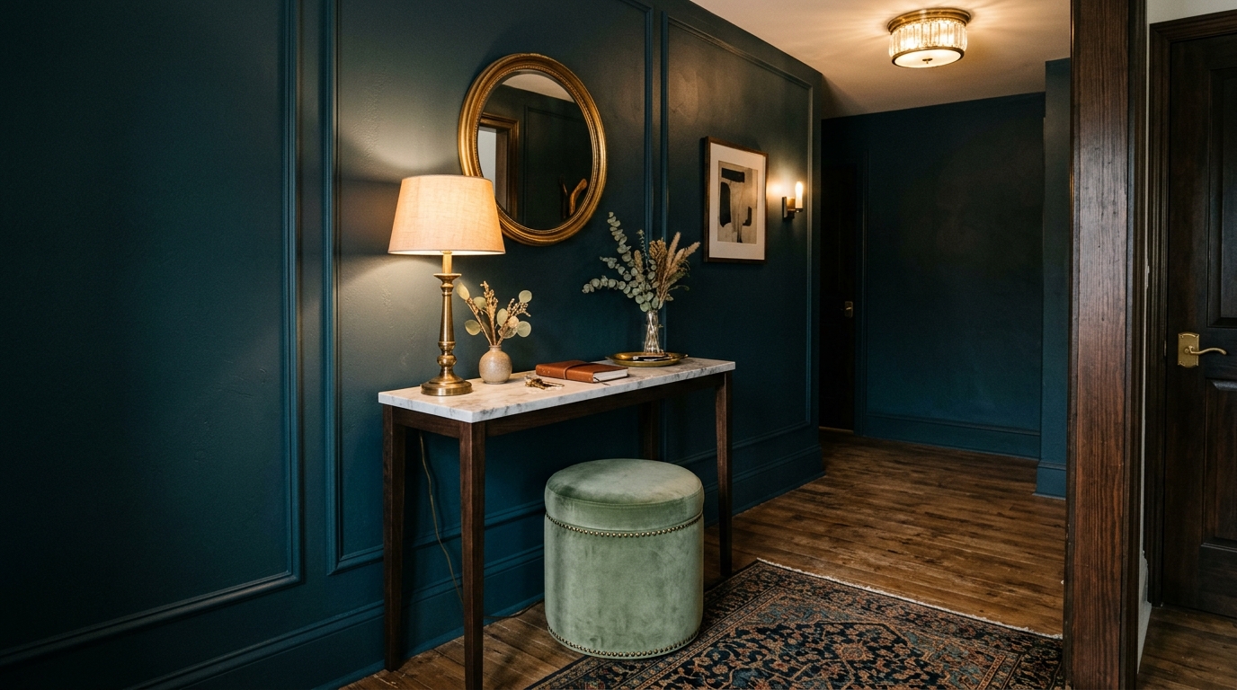 Small entryway decor ideas: A compact velvet ottoman tucked under a slim console table for seasonal boot removal.