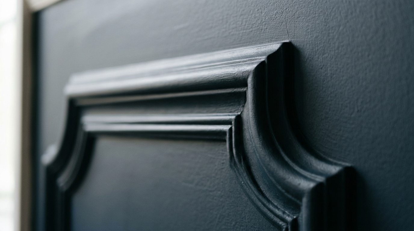 Architectural detail of 'Railings' paint finish by Farrow and Ball on a wall with refined picture frame molding.