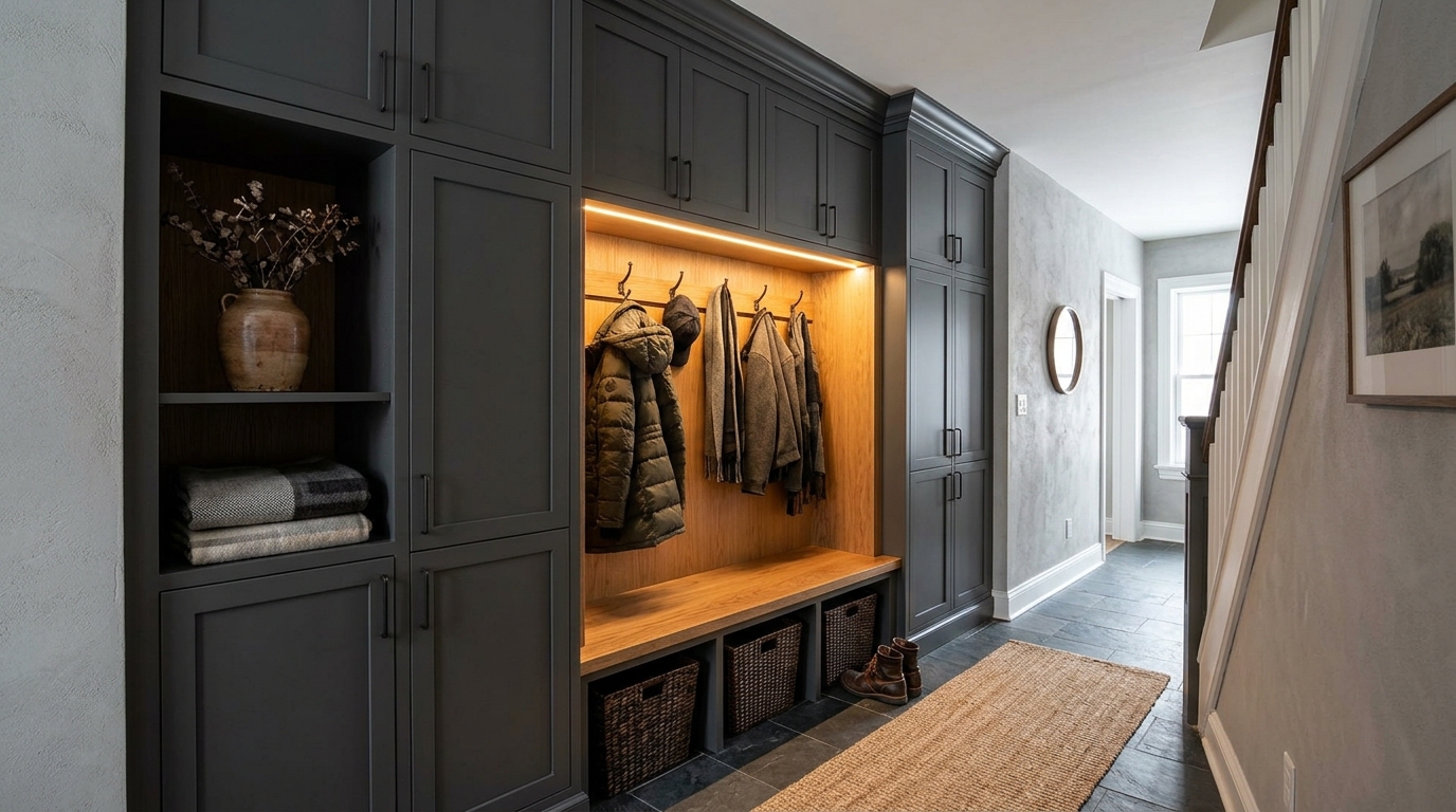 Modern mudroom hacks: Built-in niches for coat storage with integrated warm 2700K task lighting.