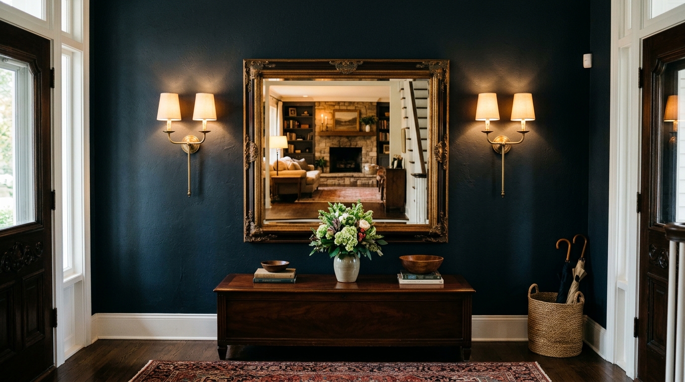 Symmetry in a narrow foyer: Two slim brass sconces flanking a high-quality arch mirror above a stone ledge.