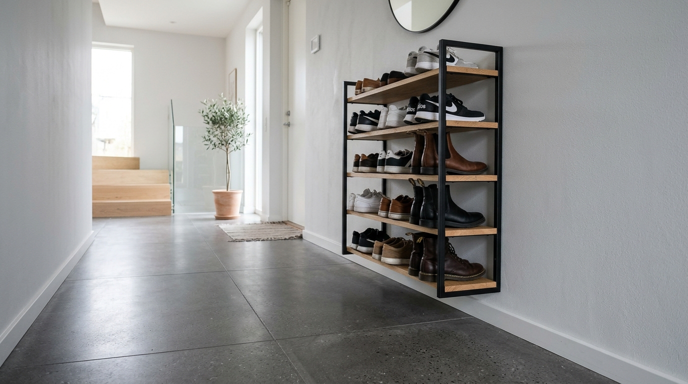 Detailed shot of wall-mounted shoe storage for narrow hallways in a matte black finish with oak top.