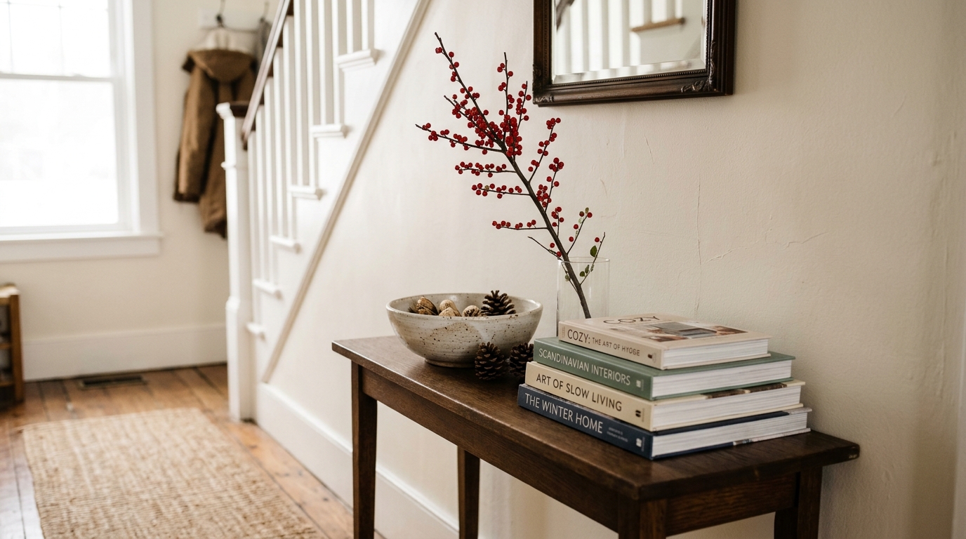 Winter entryway aesthetics: A heavy knit throw and a small bowl for keys on a minimalist travertine table.