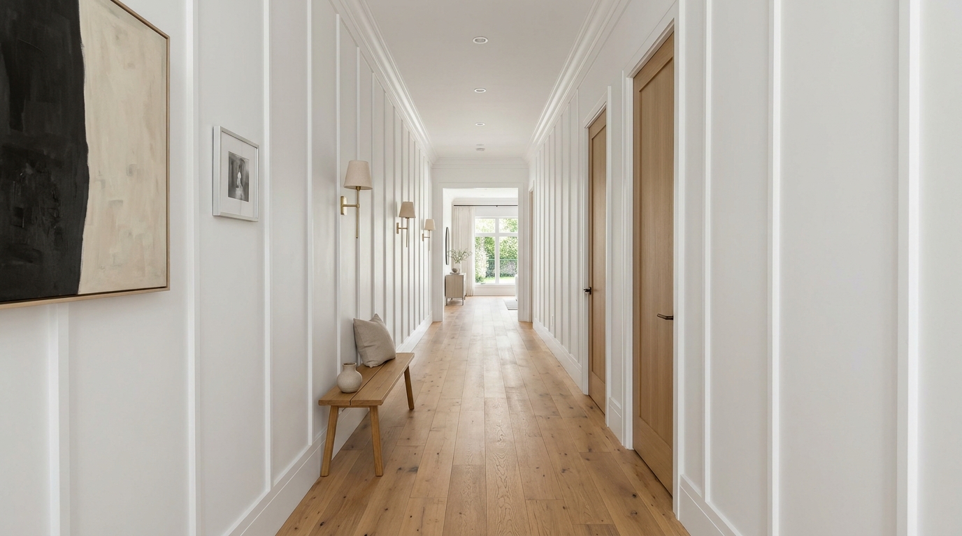 Architectural view of a narrow hallway with vertical wall molding and 36-inch walkway clearance for optimal spatial flow.