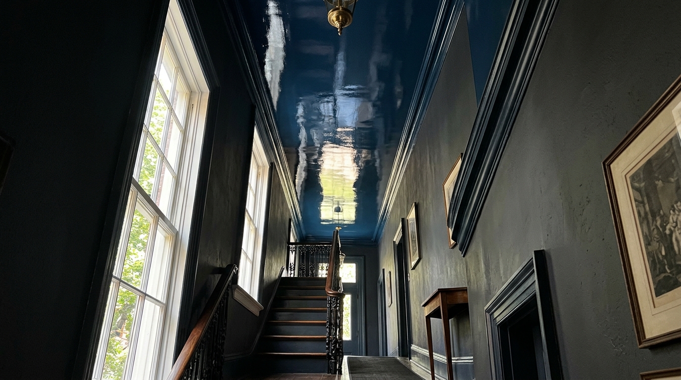 Small foyer ideas: Using a high-gloss ceiling finish to bounce light and increase the sense of vertical space.