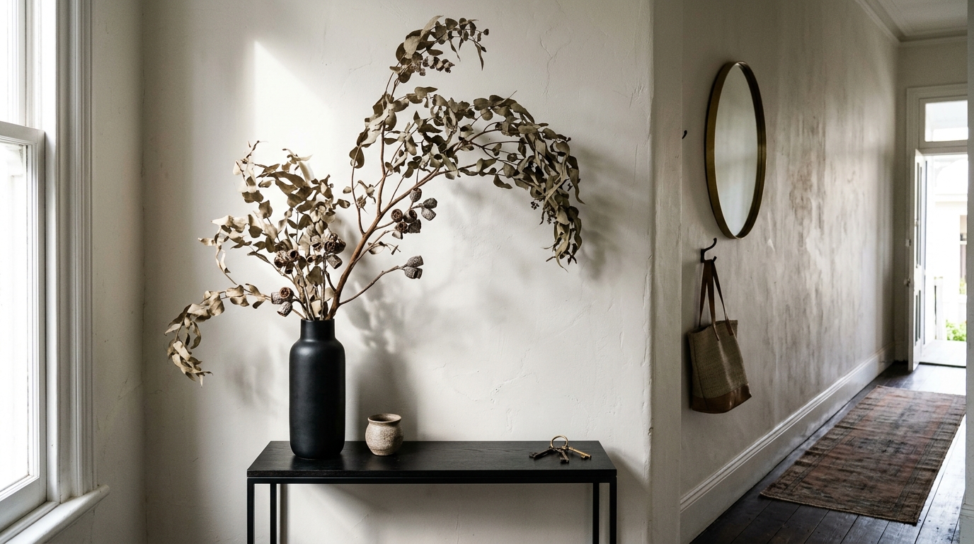 Editorial view of a narrow entryway with a single oversized botanical branch in a hand-crafted ceramic vase.