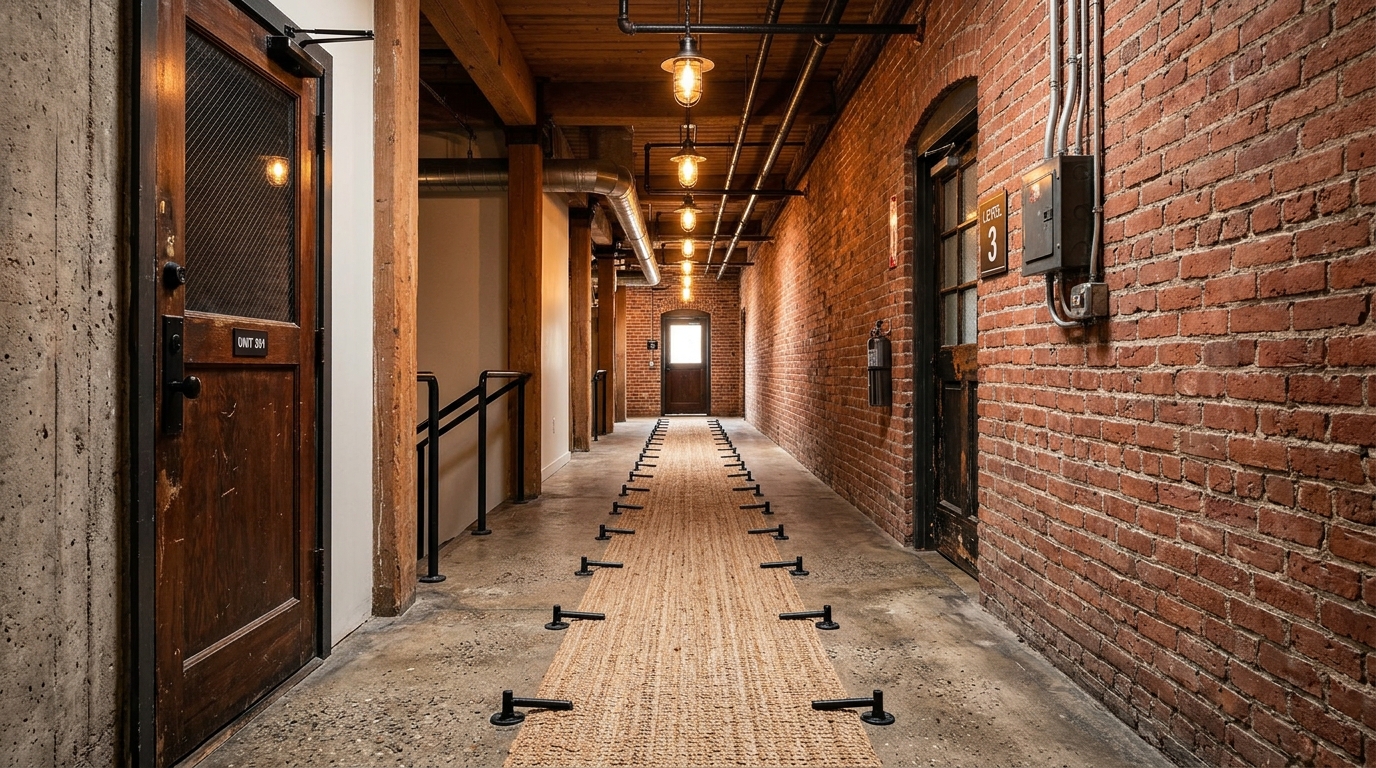 Industrial modern narrow hallway with exposed brick, dark metal accents, and a long jute runner.