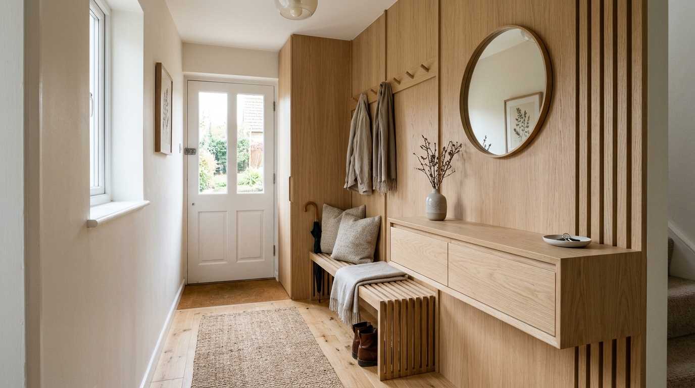 Bespoke joinery in a narrow foyer featuring hidden drawers and a floating bench in light white oak.