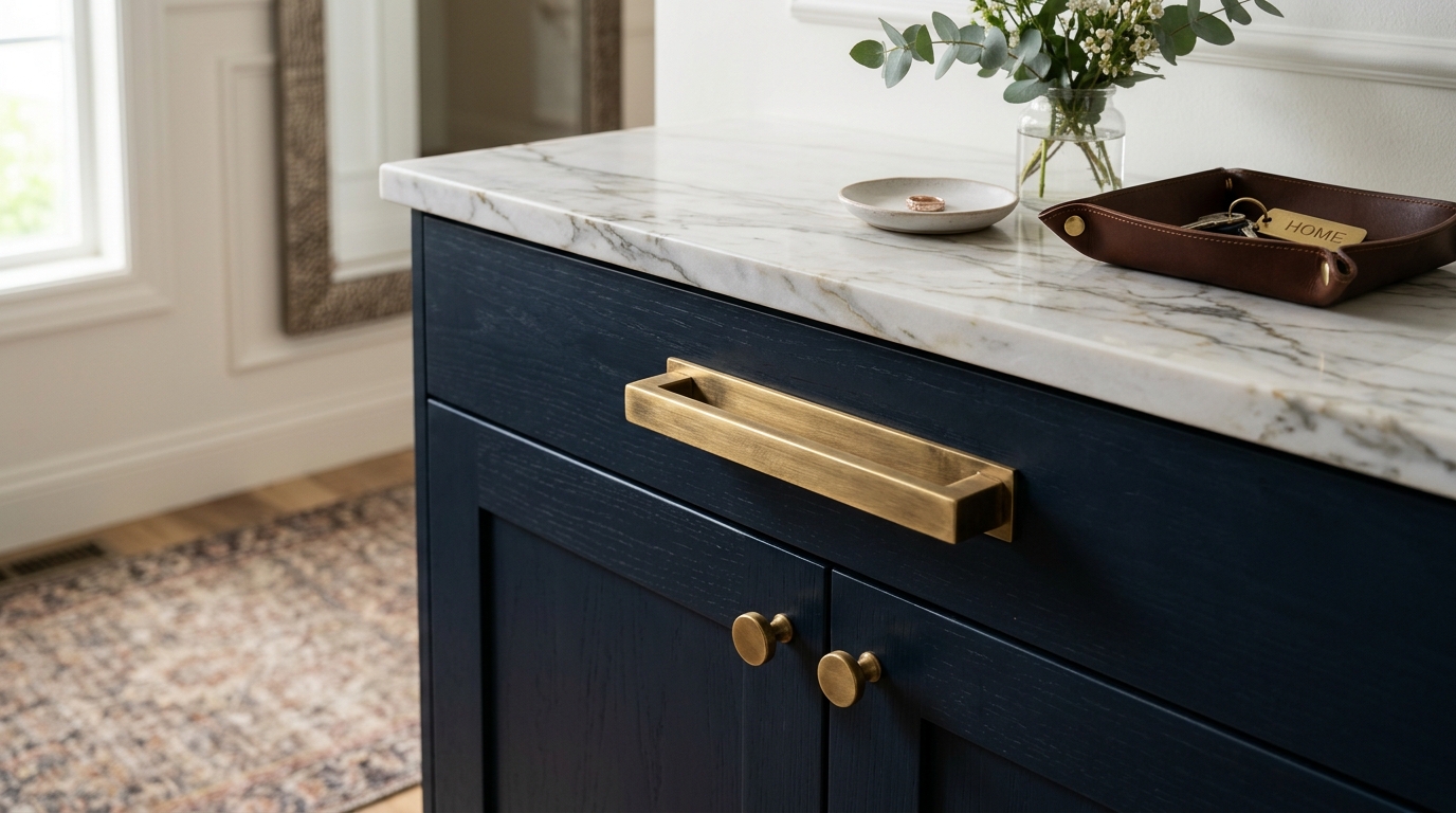 Luxury small foyer decor: Brushed brass hardware on a dark navy cabinet with a marble countertop.