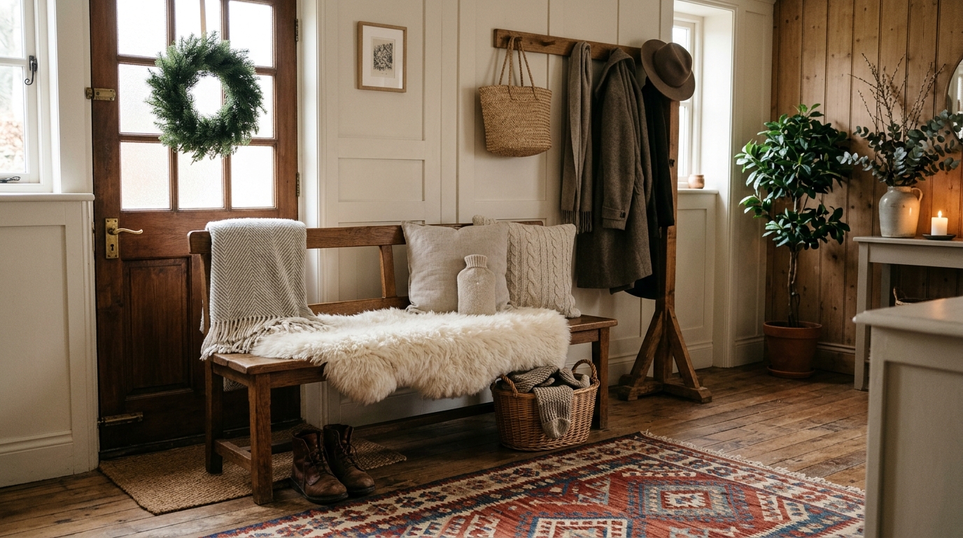 Cozy winter entryway styling with a soft sheepskin rug draped over a narrow wooden bench.