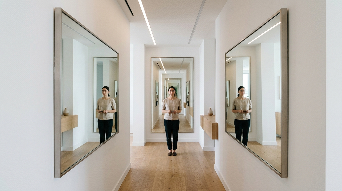 The 'Mirror-Mirror' effect: Two large mirrors facing each other in a narrow hall to create infinite depth.