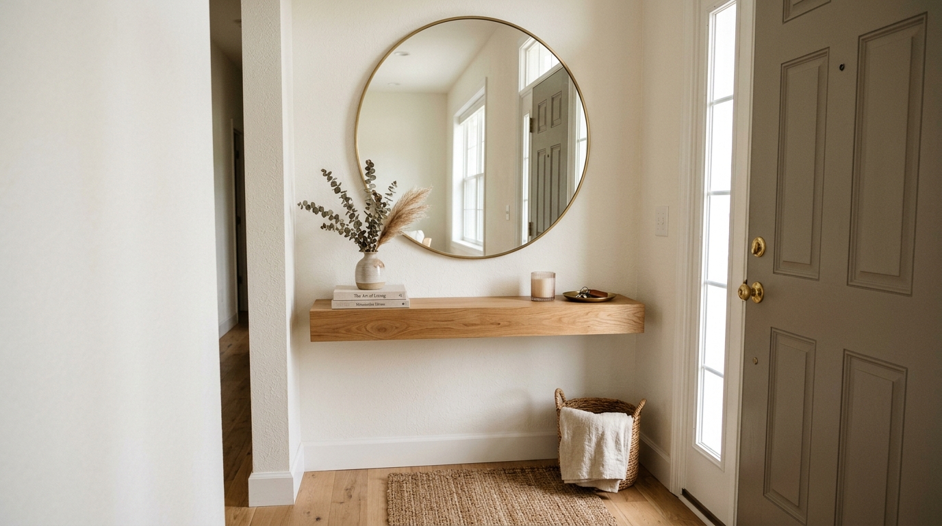 Minimalist narrow entryway ideas: A single floating shelf and a large round mirror in a monochrome palette.