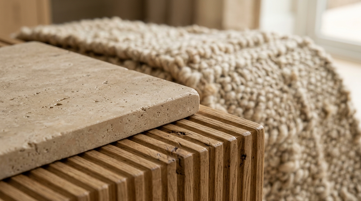 Macro shot of tactile winter textures including a wool runner rug and honed travertine console in a small entryway.