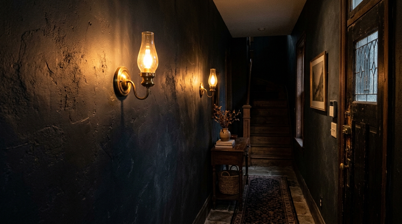 Atmospheric 2700K lighting in a narrow foyer showing warm sconces and architectural shadow play on textured walls.