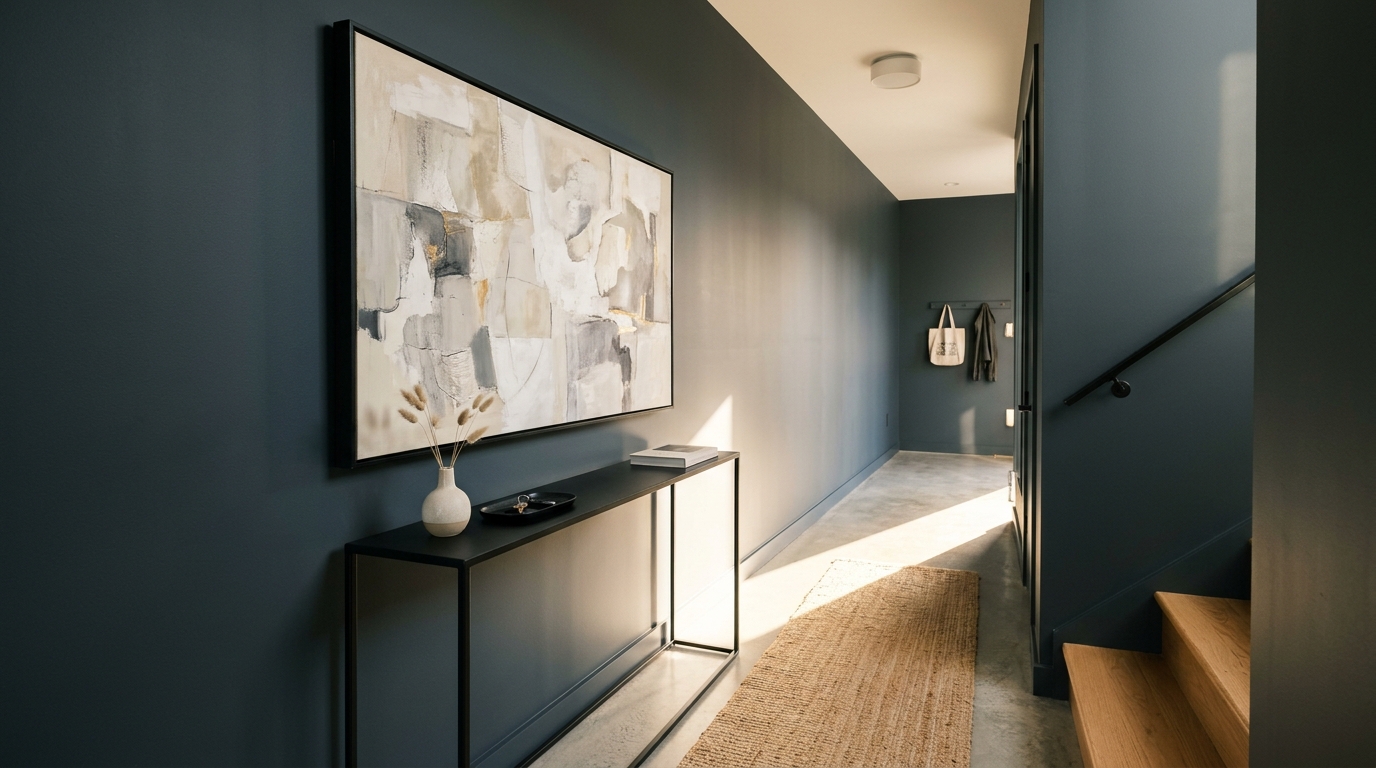 Narrow entryway ideas: Modern minimalist foyer with a slim black console table and oversized abstract art against dark walls.
