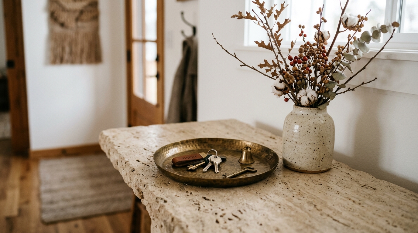 Winter entryway decor featuring dried eucalyptus and brass accents on a honed stone surface in a narrow hallway.