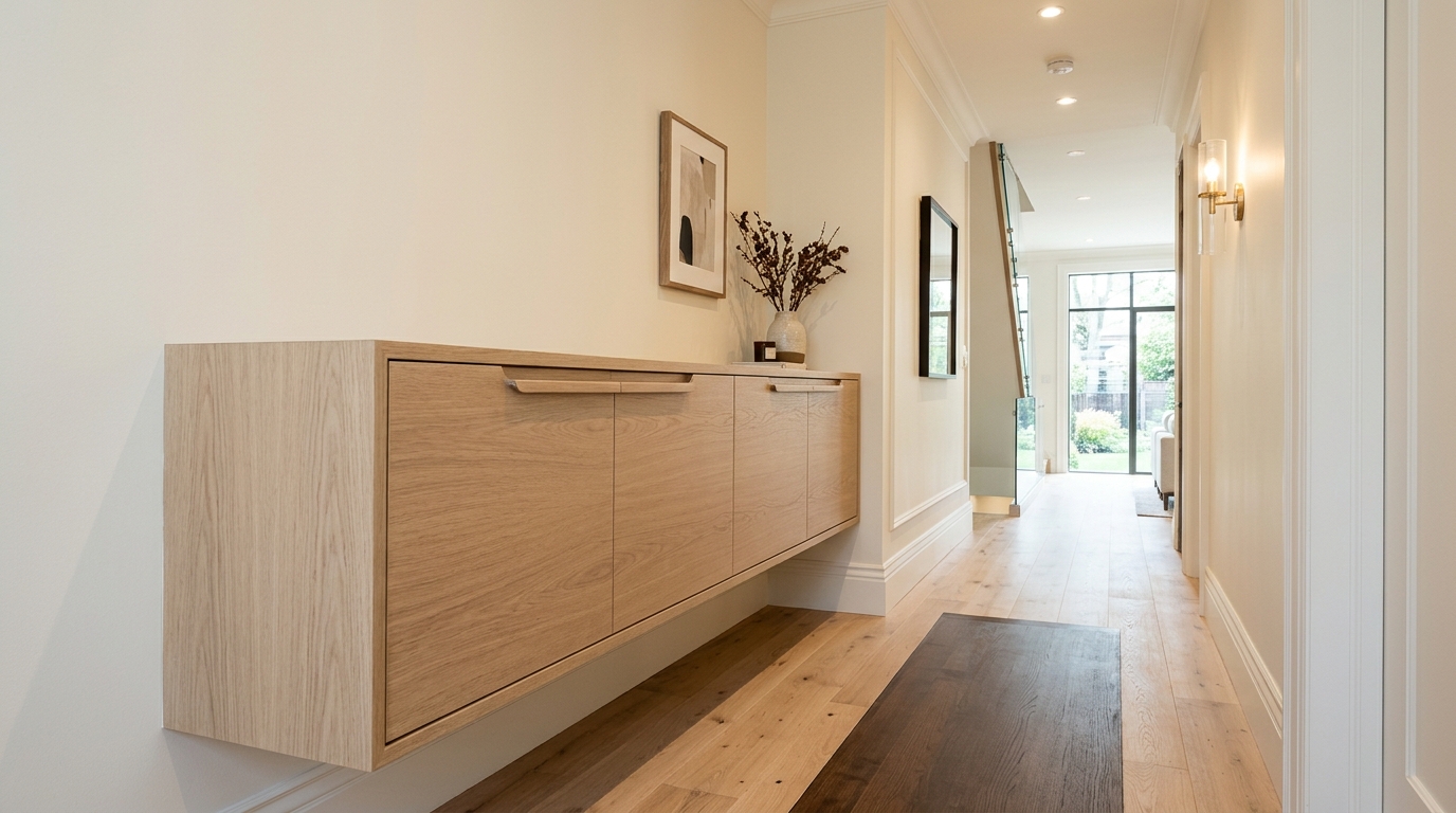 Small foyer solutions: A floating white oak cabinet provides hidden storage for winter accessories in a tight space.
