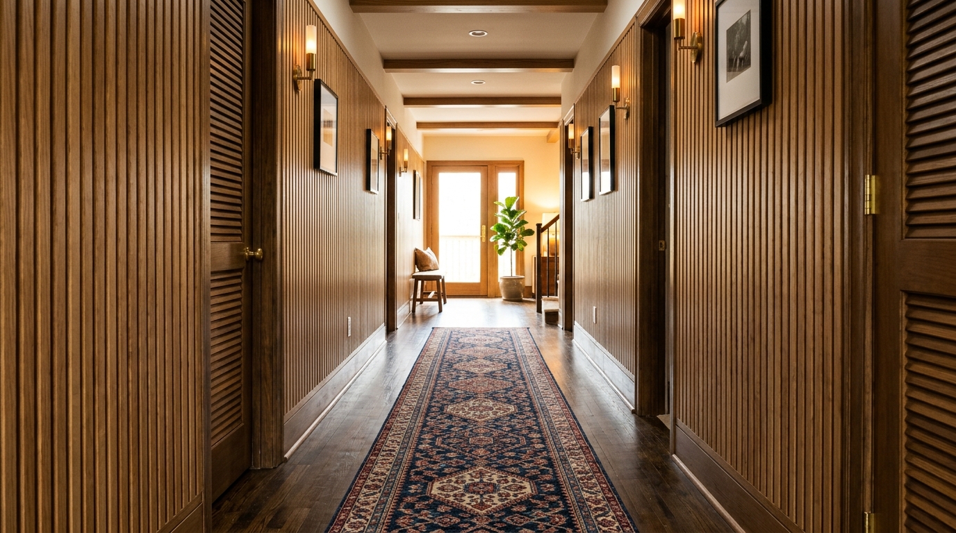Narrow hallway design with a long wool runner rug in a subtle herringbone pattern and warm white walls.
