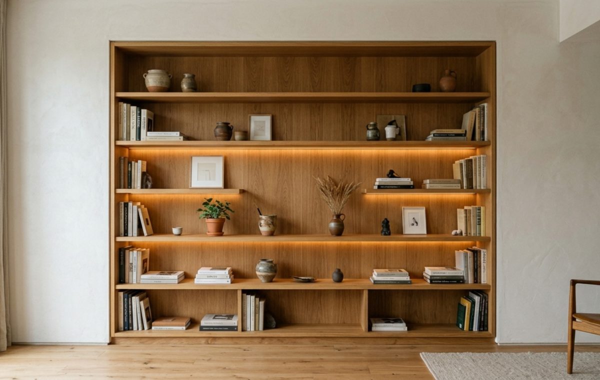 alcove shelving designs featuring floor-to-ceiling rift-sawn oak built-ins with recessed LED lighting in a modern living room.