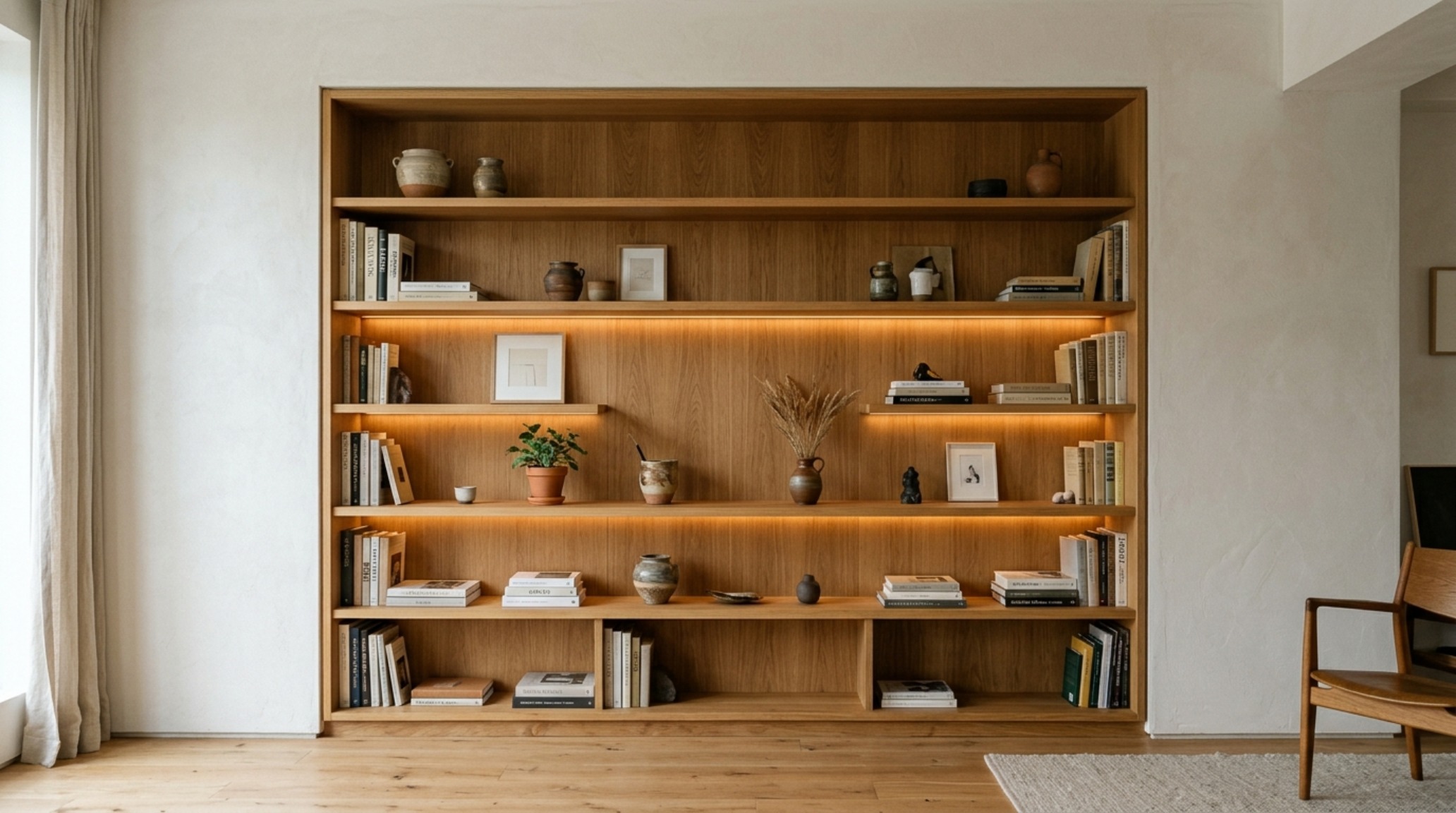 alcove shelving designs featuring floor-to-ceiling rift-sawn oak built-ins with recessed LED lighting in a modern living room. alcove shelving designs featuring floor-to-ceiling rift-sawn oak built-ins with recessed LED lighting in a modern living room.