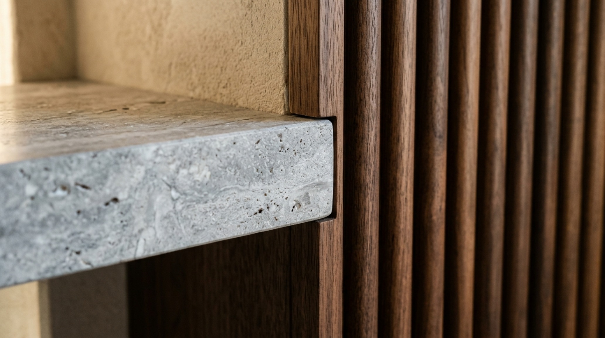 sensory material layering showcasing a honed travertine shelf against a fluted walnut wall with high CRI 90+ ambient lighting. sensory material layering showcasing a honed travertine shelf against a fluted walnut wall with high CRI 90+ ambient lighting.