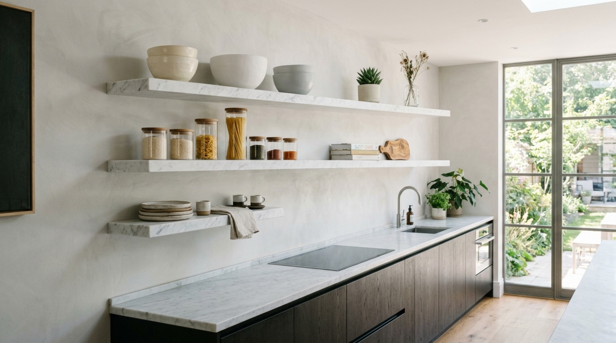minimalist wall-mounted shelves in a monolithic kitchen layout using hidden steel armatures and white plaster finish. minimalist wall-mounted shelves in a monolithic kitchen layout using hidden steel armatures and white plaster finish.