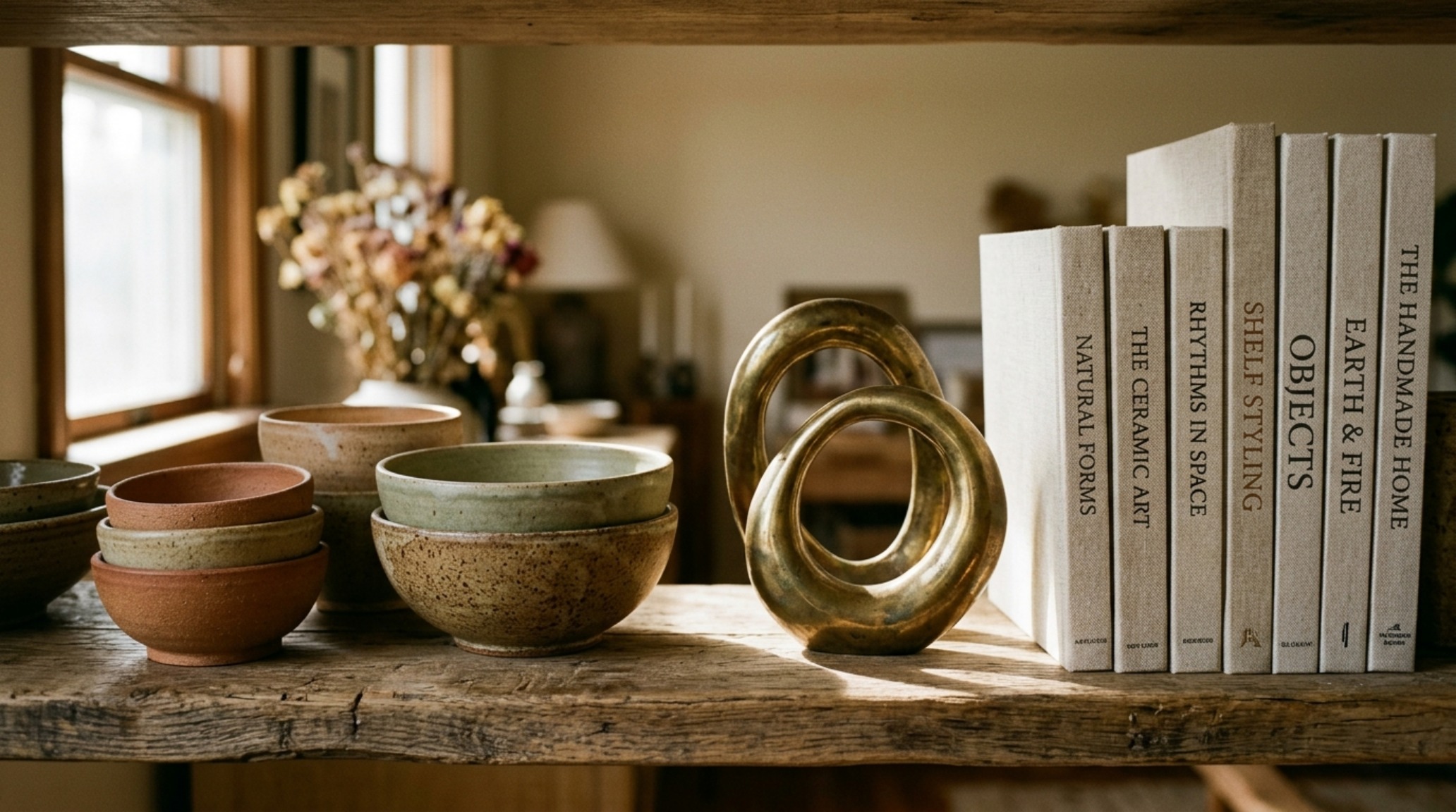 shelf styling vignettes featuring hand-thrown ceramic vases and vintage linen-bound books with intentional negative space. shelf styling vignettes featuring hand-thrown ceramic vases and vintage linen-bound books with intentional negative space.