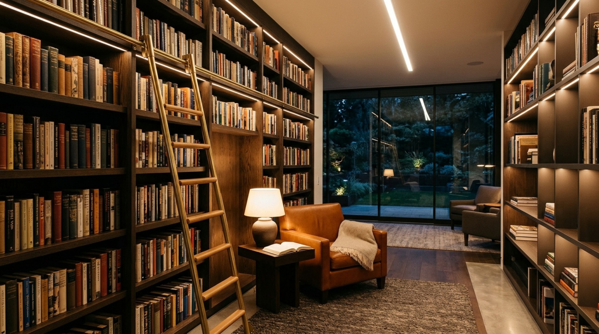 ergonomic storage systems with integrated 3000K task lighting and custom library ladder on a patinated brass rail. ergonomic storage systems with integrated 3000K task lighting and custom library ladder on a patinated brass rail.