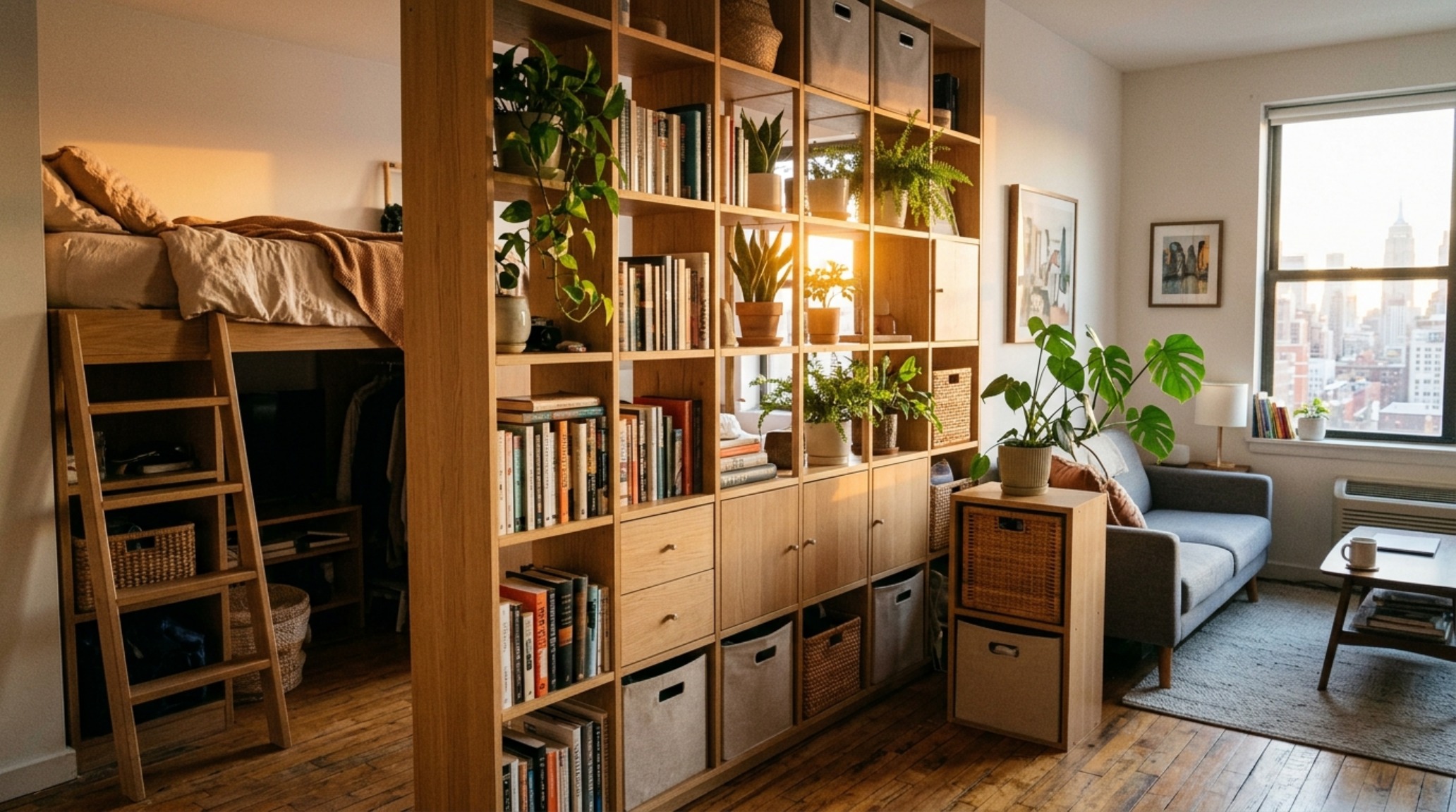 small space storage hacks utilizing vertical tension poles and modular walnut trays in a compact urban apartment. small space storage hacks utilizing vertical tension poles and modular walnut trays in a compact urban apartment.