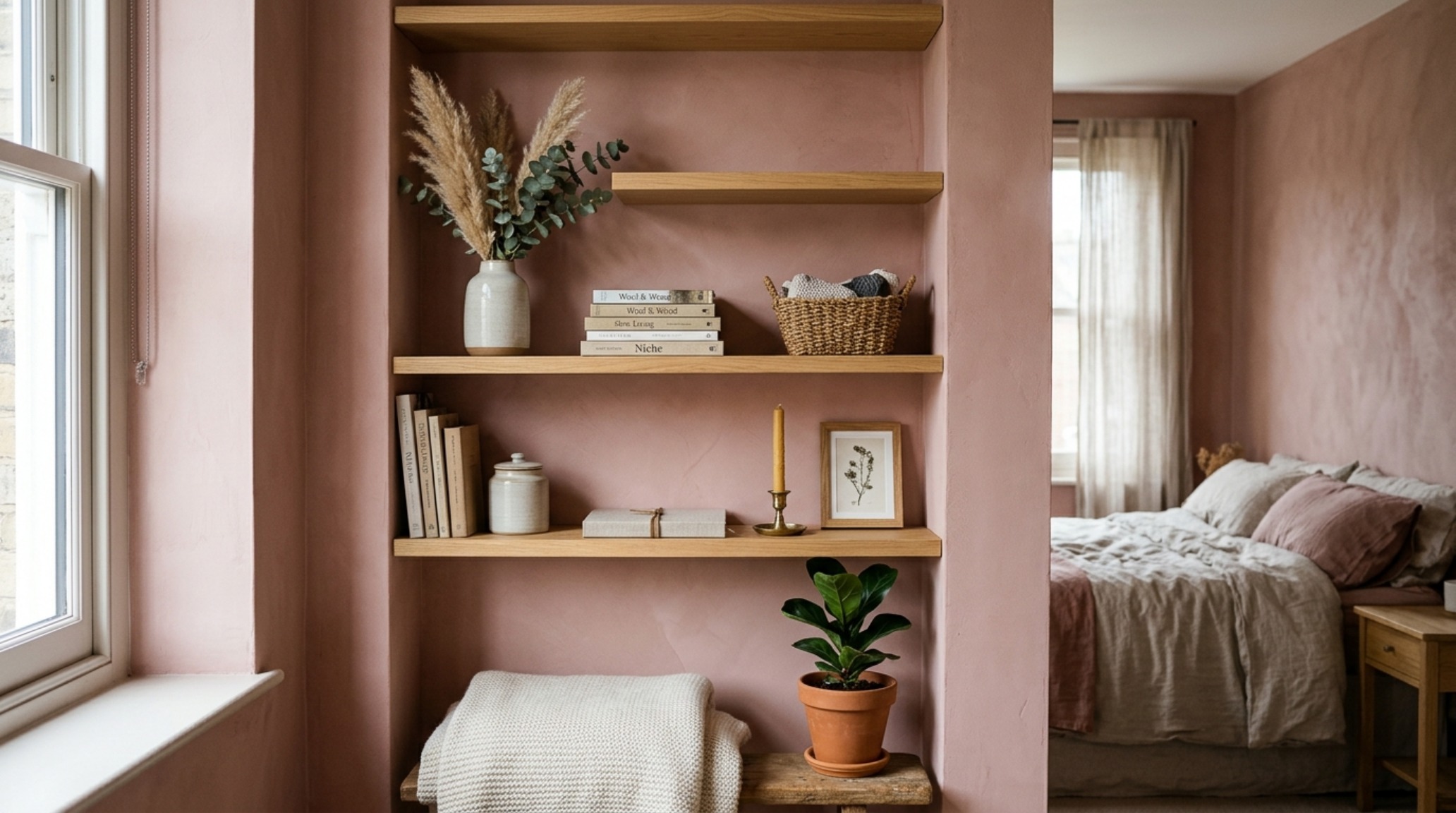 alcove shelving designs within a curved plaster wall finished in Farrow & Ball Setting Plaster for a soft sculptural effect. alcove shelving designs within a curved plaster wall finished in Farrow & Ball Setting Plaster for a soft sculptural effect.