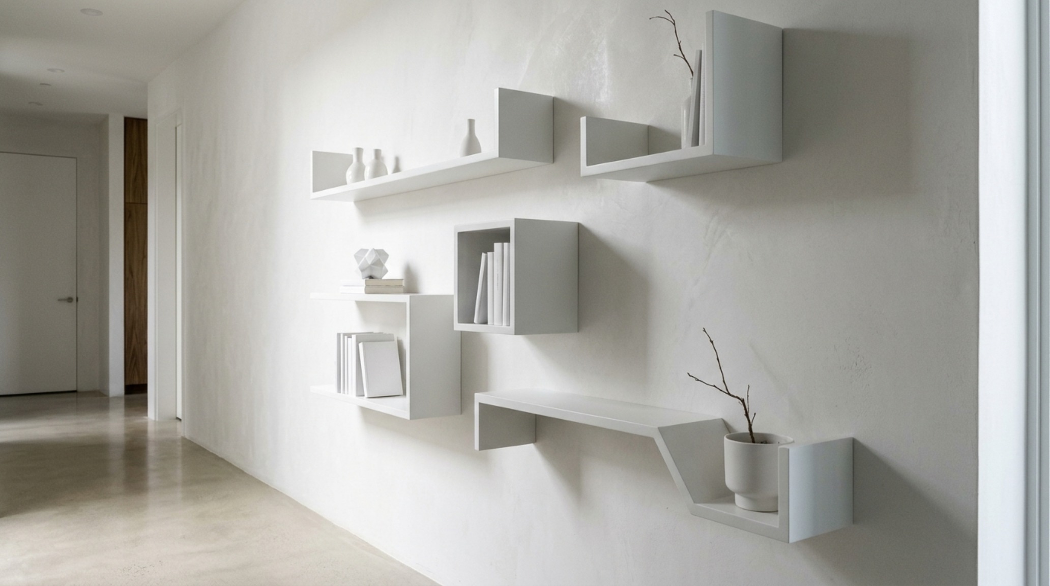 minimalist wall-mounted shelves crafted from 2-inch thick white-washed ash for a floating monolithic appearance. minimalist wall-mounted shelves crafted from 2-inch thick white-washed ash for a floating monolithic appearance.