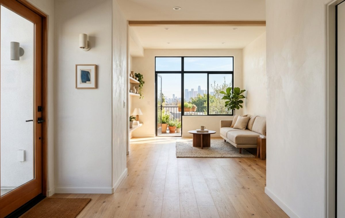 A wide-angle architectural shot of Hema Persad’s Sagrada Studio showing a 36-inch primary circulation path leading toward a light-filled living area with neutral tones and clean sightlines.