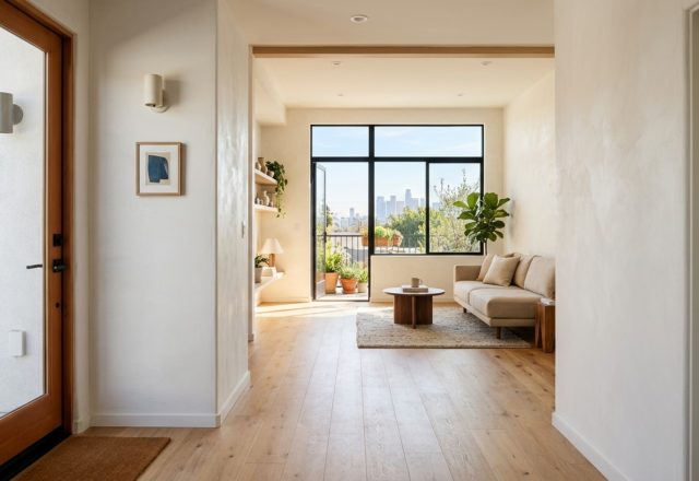 A wide-angle architectural shot of Hema Persad’s Sagrada Studio showing a 36-inch primary circulation path leading toward a light-filled living area with neutral tones and clean sightlines.