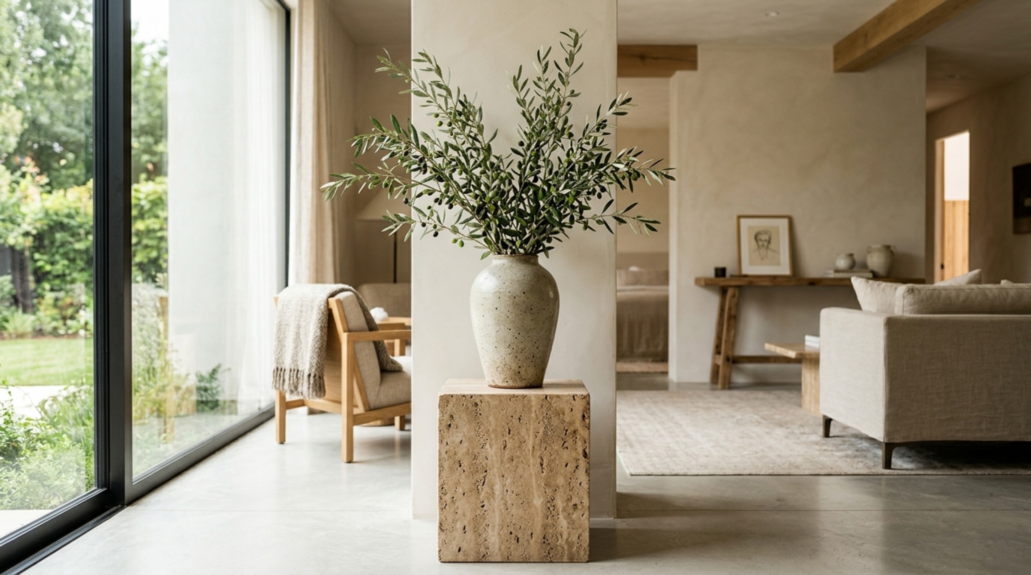 Detail of a visual anchor in Sagrada Studio featuring a large-scale botanical arrangement on a honed travertine plinth, demonstrating Hema Persad’s use of organic geometry.