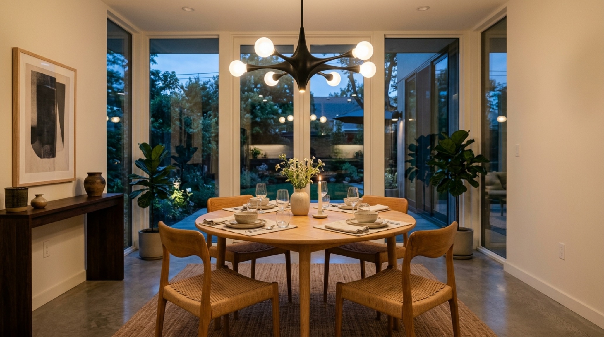 An editorial perspective of the dining zone in Hema Persad’s home, showcasing the 30-inch chair clearance and the use of 2700K warm ambient lighting for a cozy digital home tour experience.