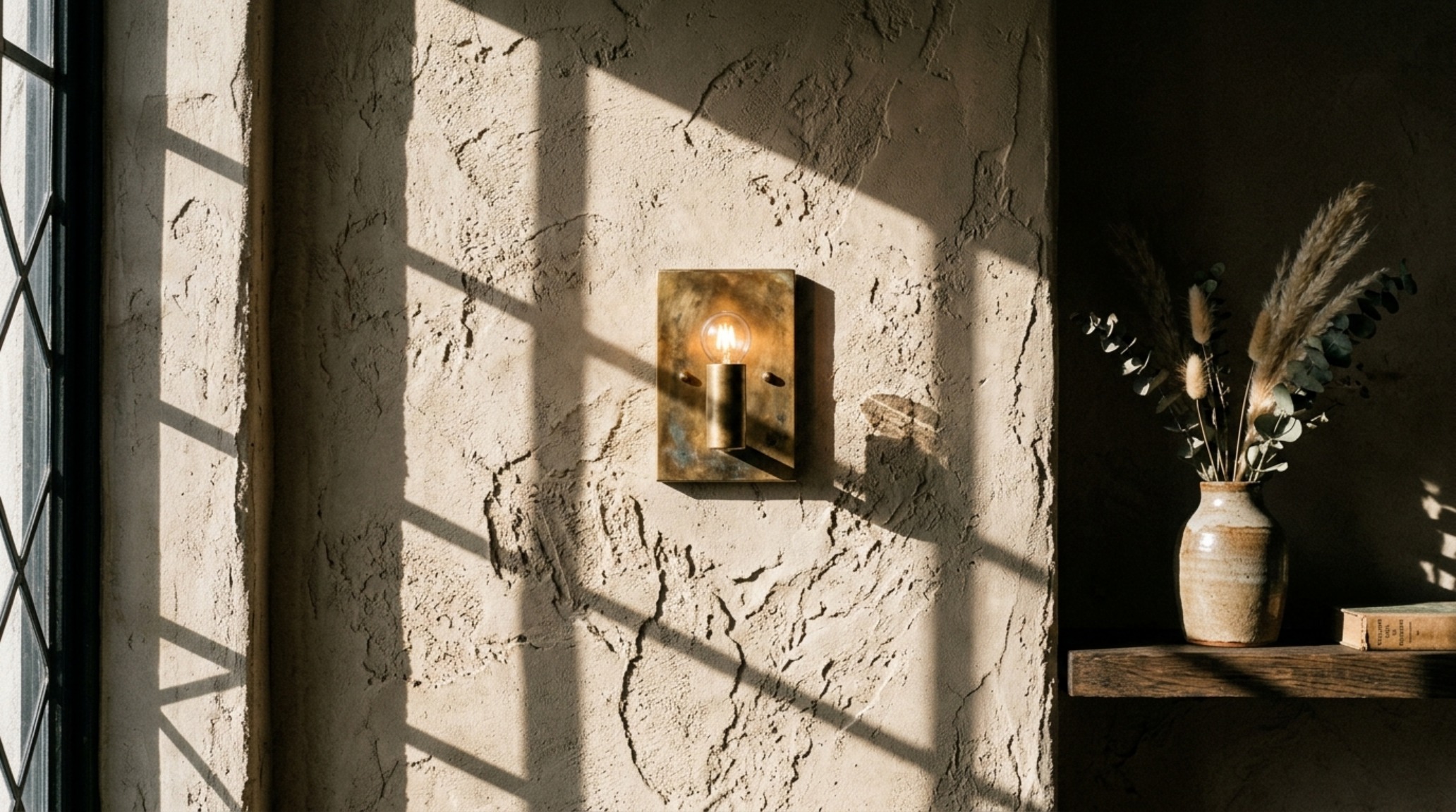 A vertical architectural shot capturing the shadow play on a textured plaster wall at Sagrada Studio, emphasizing the high CRI lighting and the 'California Cool' material palette.