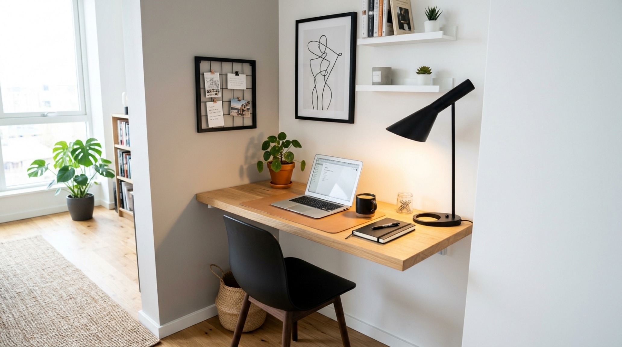 Inspiration Gallery: A minimalist workspace vignette within Sagrada Studio featuring a floating oak desk and a diffused 3000K task light for focused productivity.