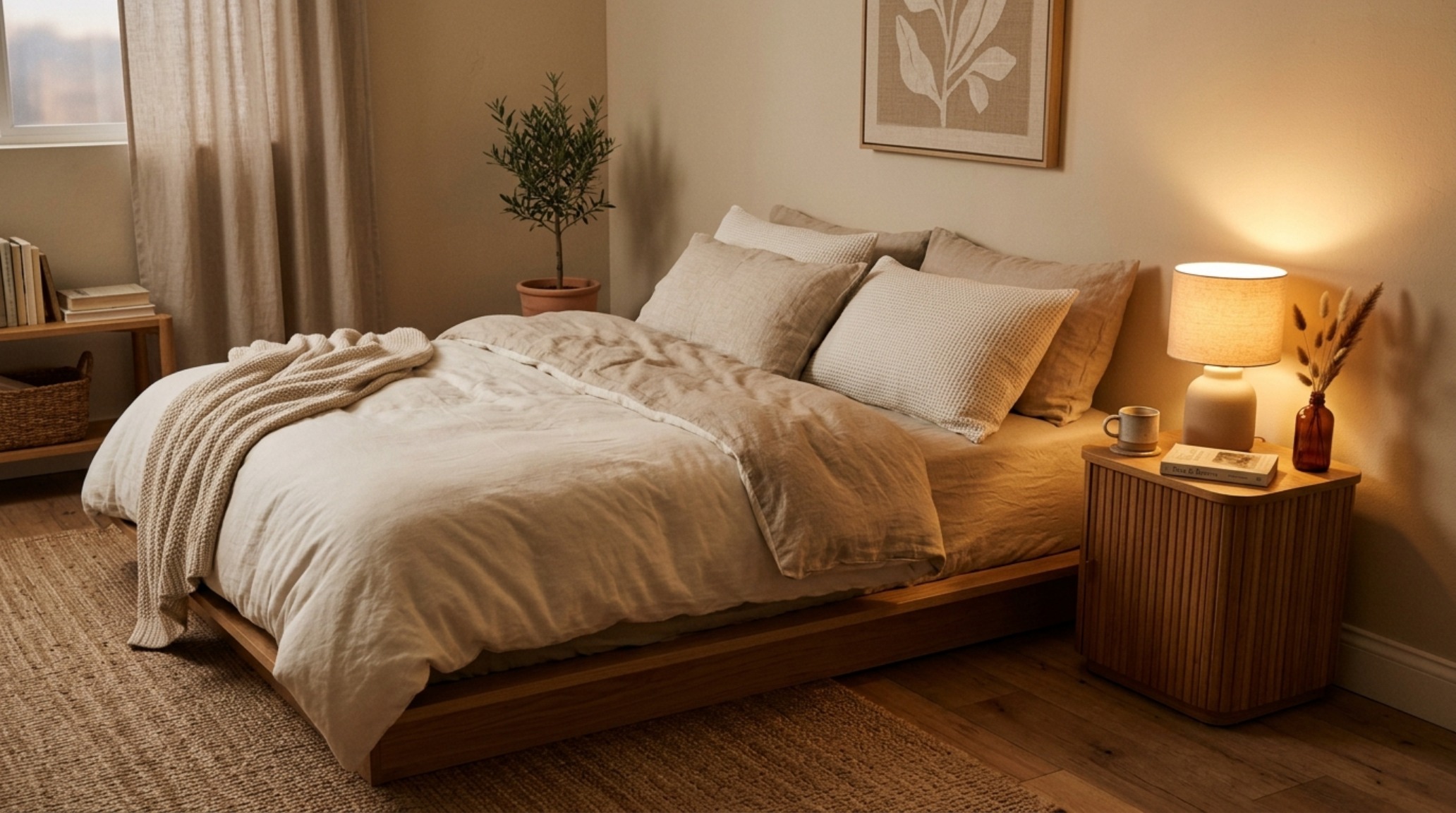 Inspiration Gallery: The master bedroom nook in Hema Persad’s home tour, illustrating the use of tonal Belgian linens and soft 2700K perimeter lighting for a sanctuary-like feel.